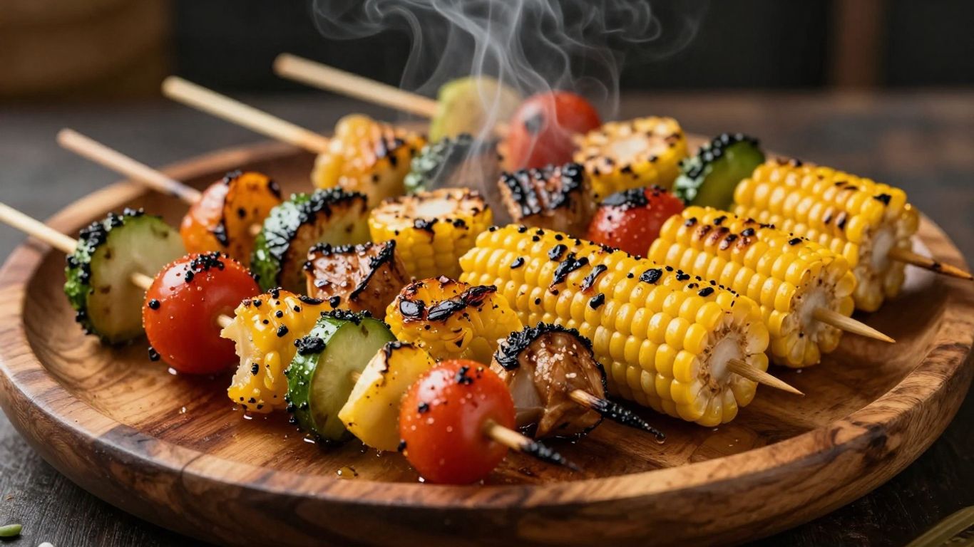 Assortment of colorful grilled vegetable skewers and corn.