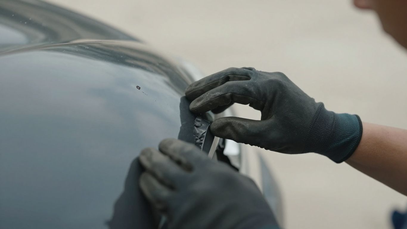 Mechaniker prüft Autoschaden mit Handschuhen