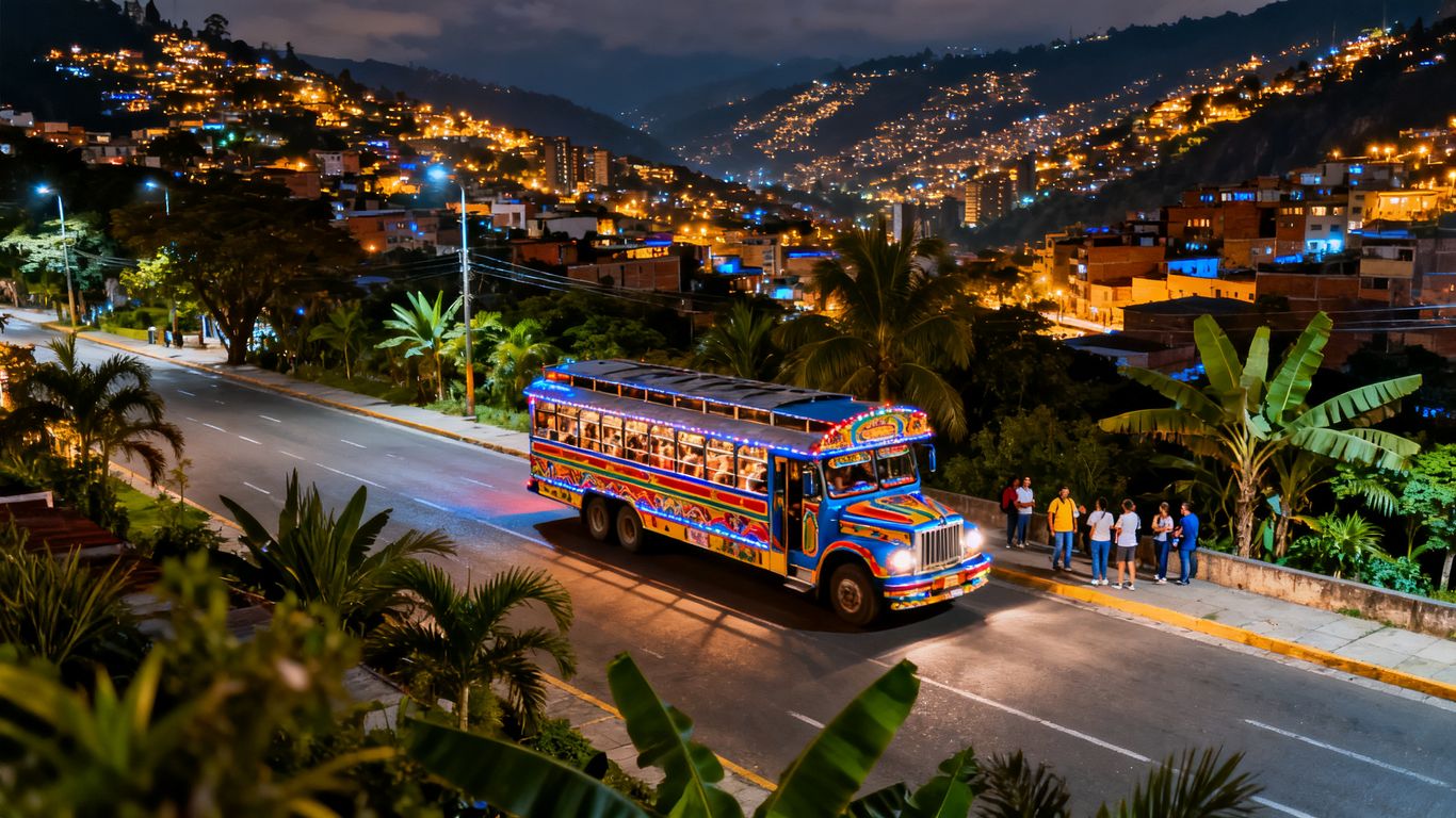 Medellín nightlife districts viewed from a colorful chiva