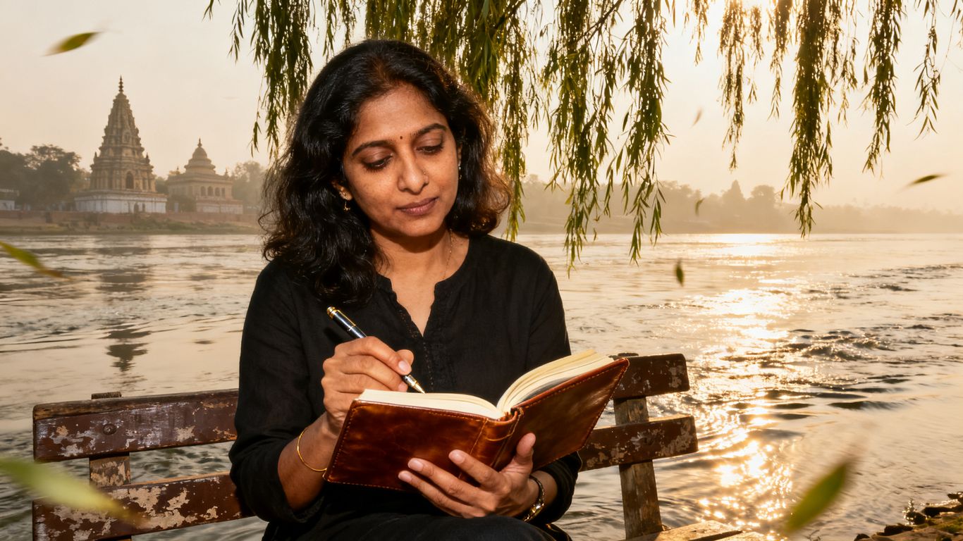 Arundhati Sharma writing, inspired by the Ganges.