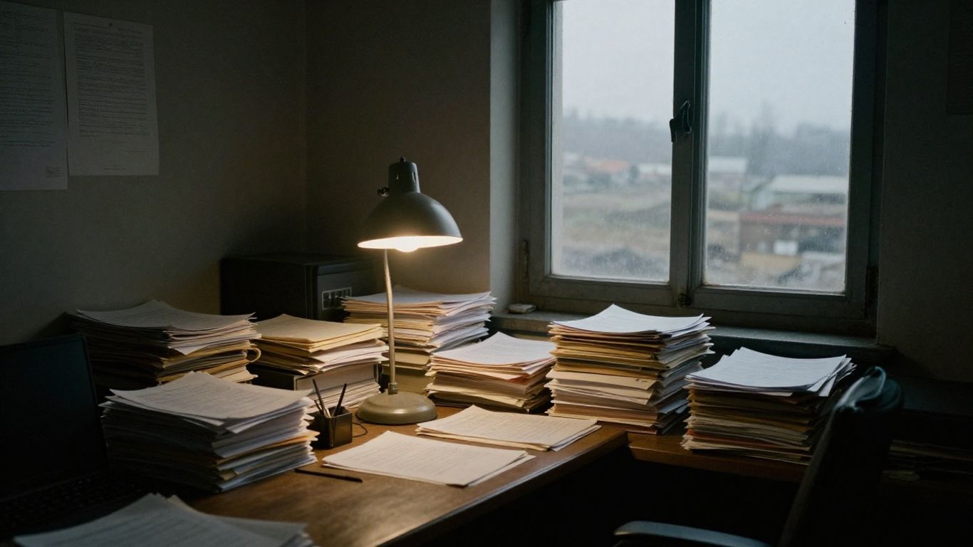 A dimly lit administrative office
