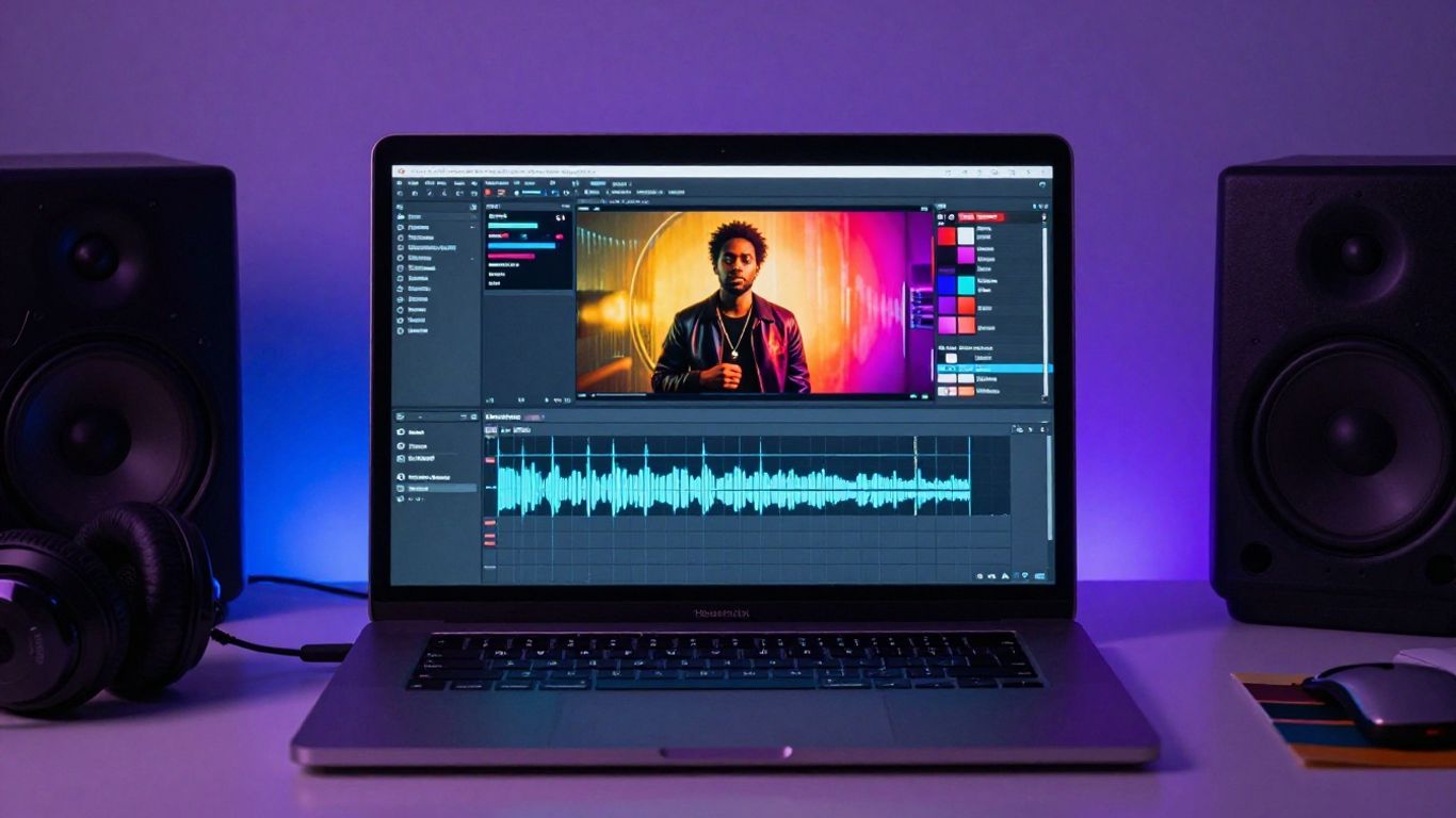 Creative workspace with waveform and colorful video frames