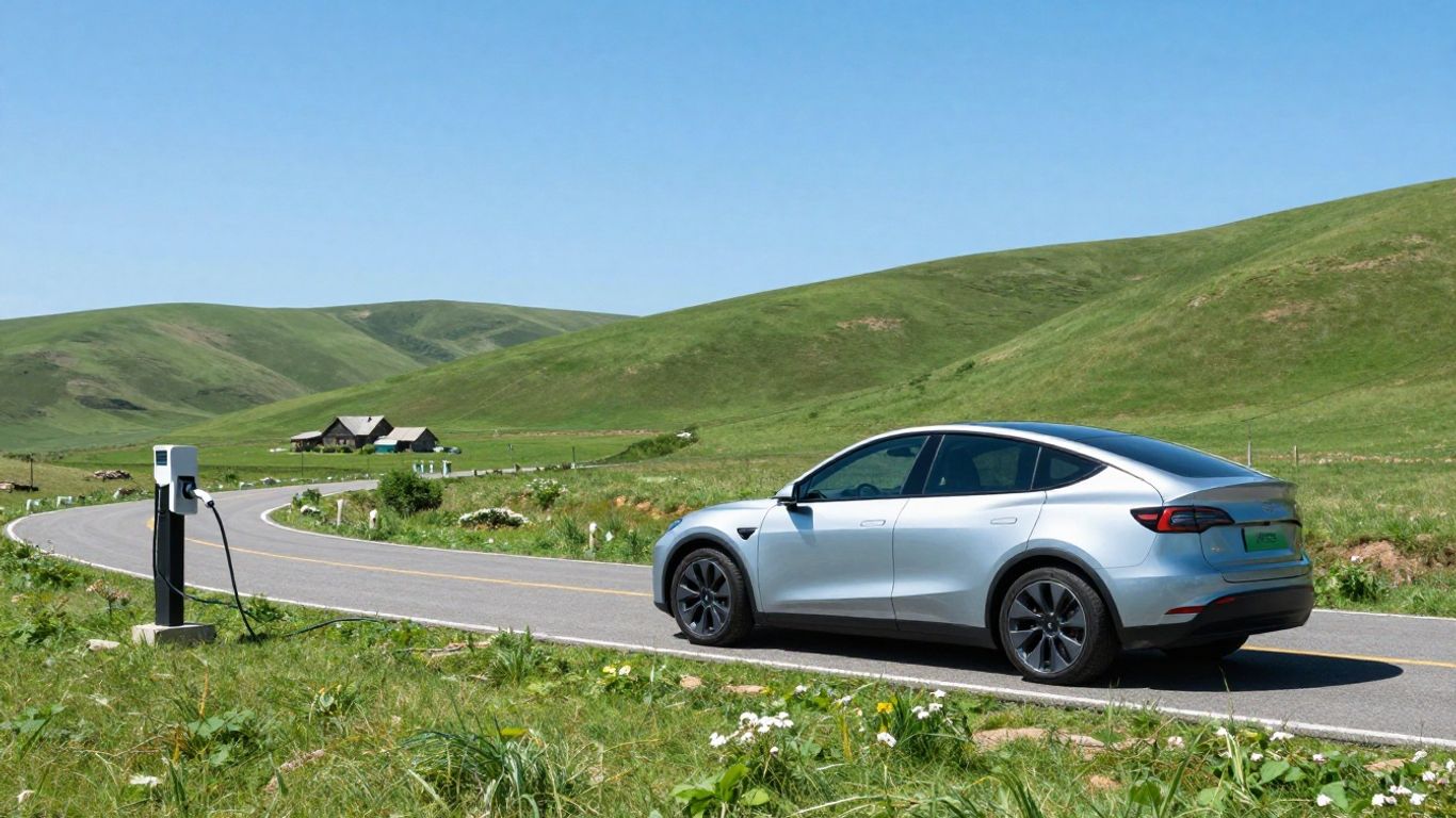 Voiture électrique dans un paysage rural verdoyant.