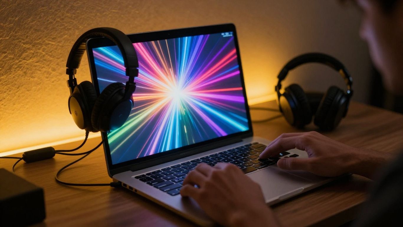 Creator reviewing beat-synced music video on laptop