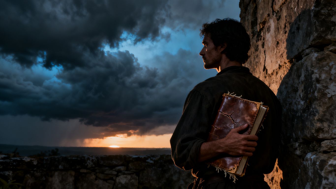 Trader facing crisis, back against wall, looking towards light.