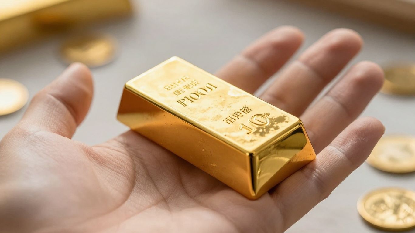 金手握着闪闪发光的金条。