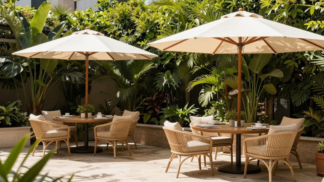 Patio with outdoor shades and greenery