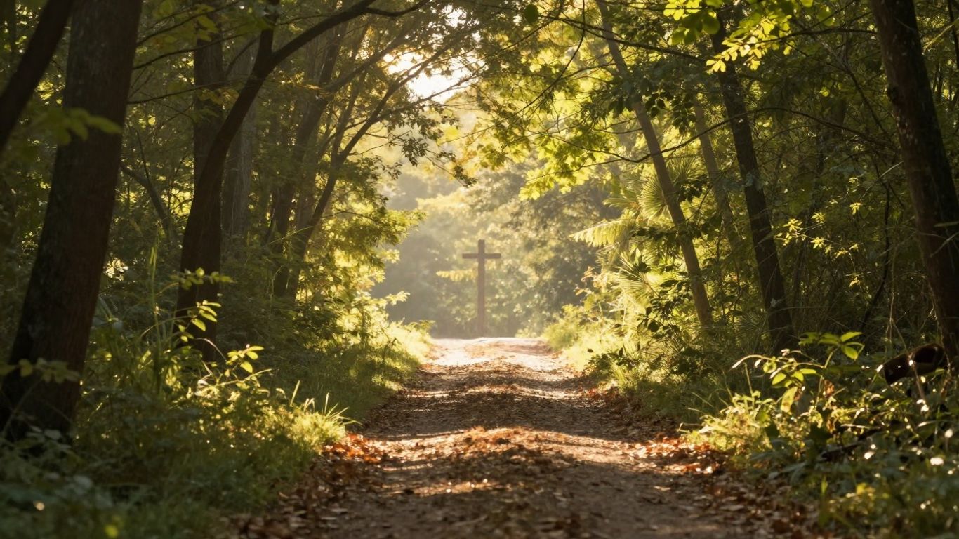 Path towards light in a peaceful, hopeful landscape.
