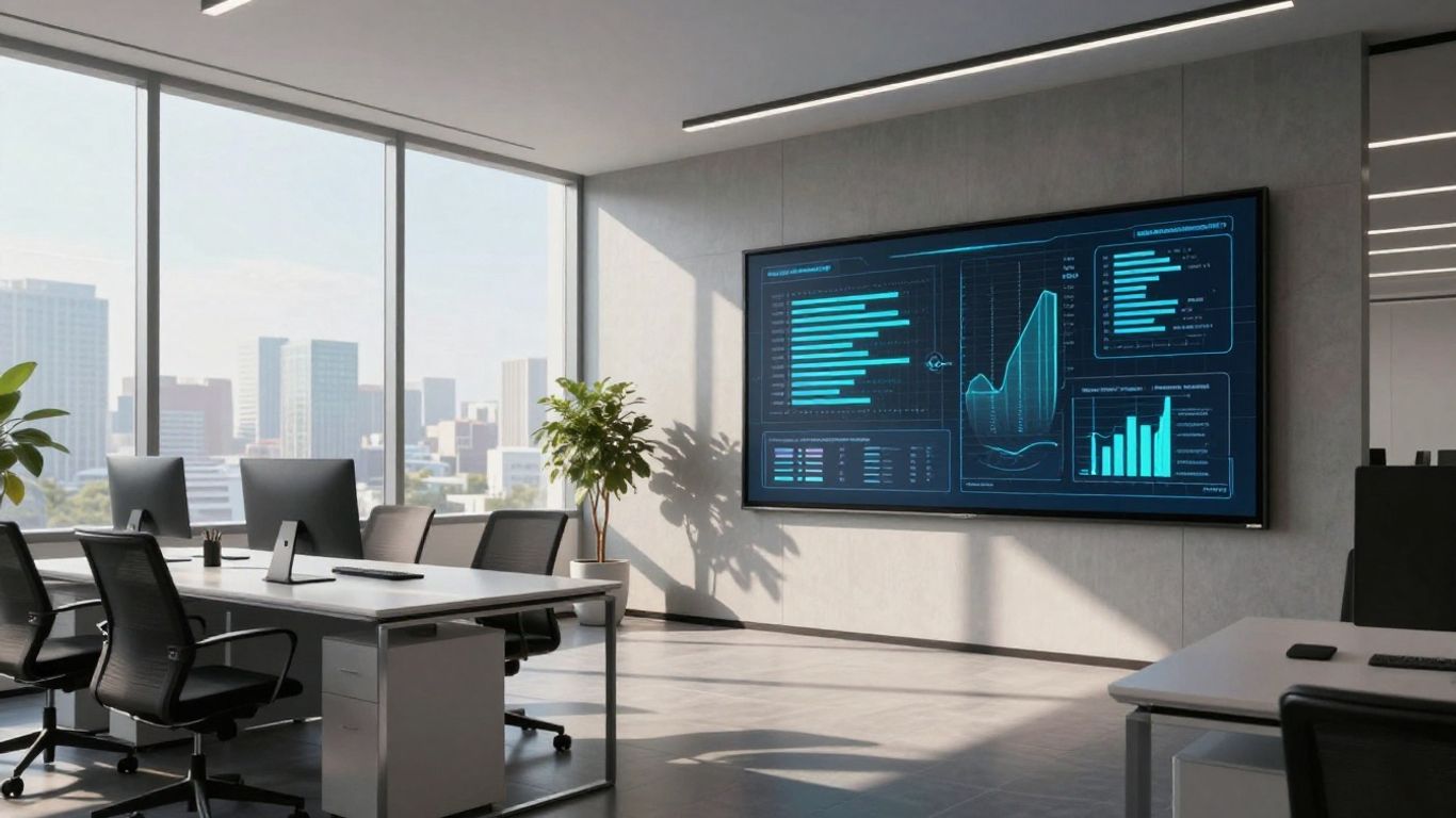 Modern office with digital display and sunlight.