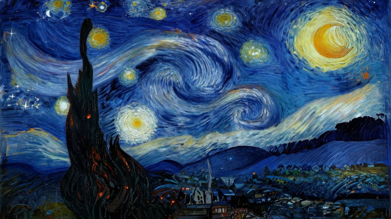 Sternennacht von Van Gogh mit wirbelndem Himmel und Zypressenbaum.