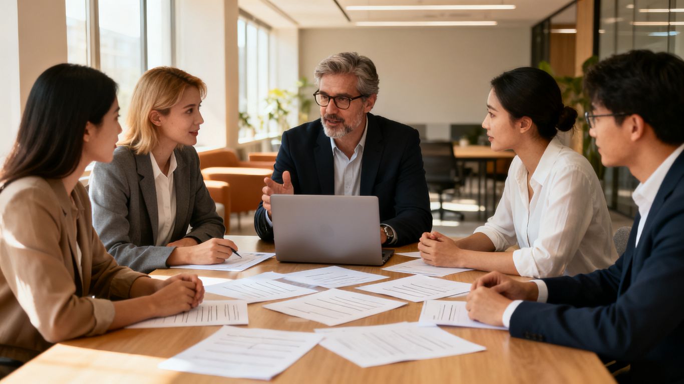 Marketing team discussing campaign plans around a table