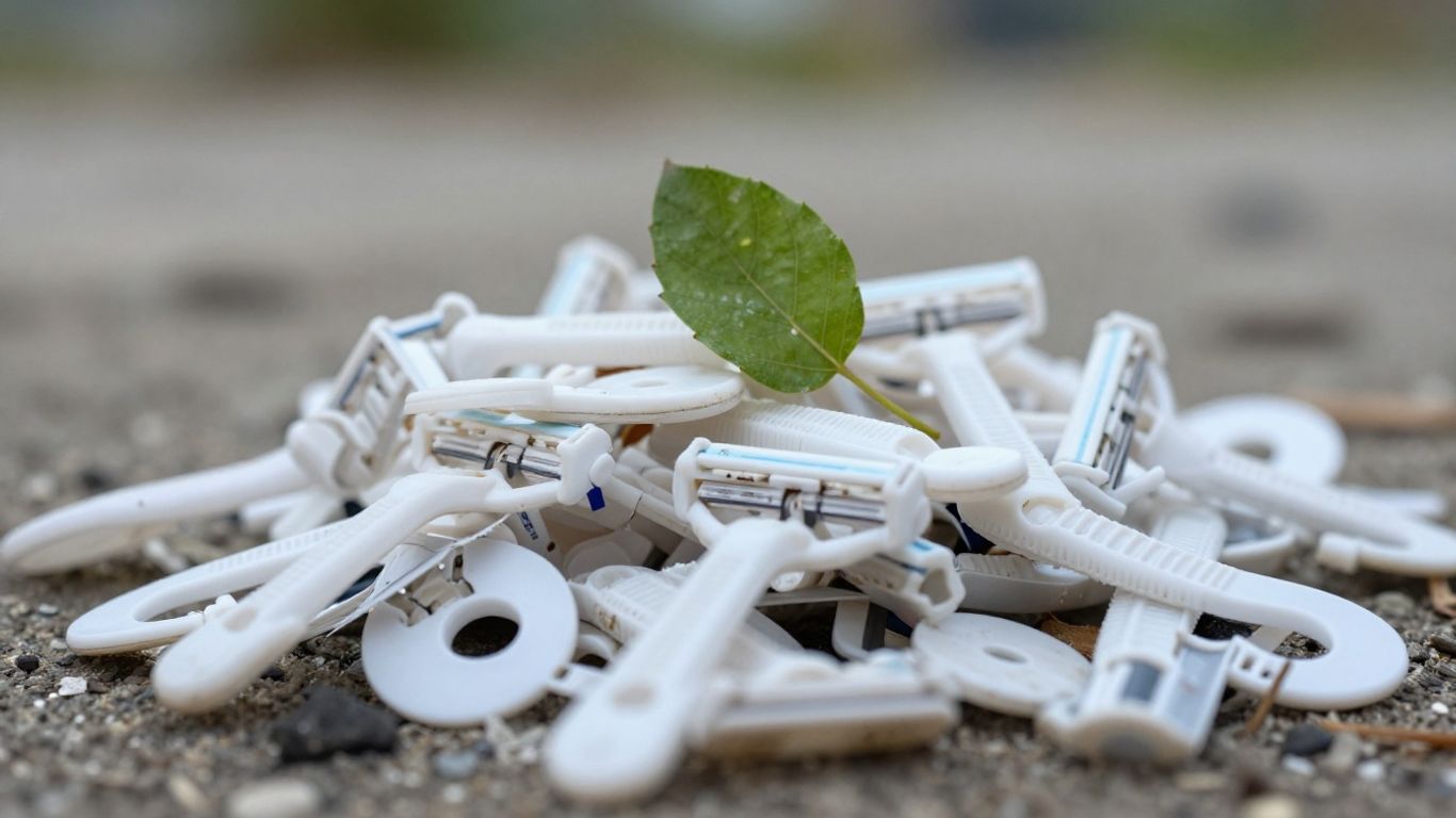 Pile of plastic razors in trash with a green leaf.