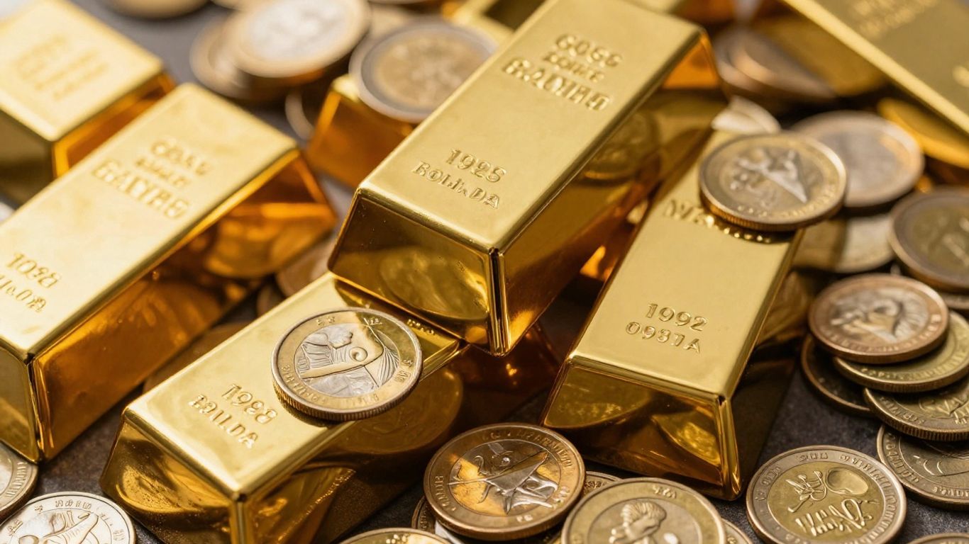 Gold bars and coins shining under the light.