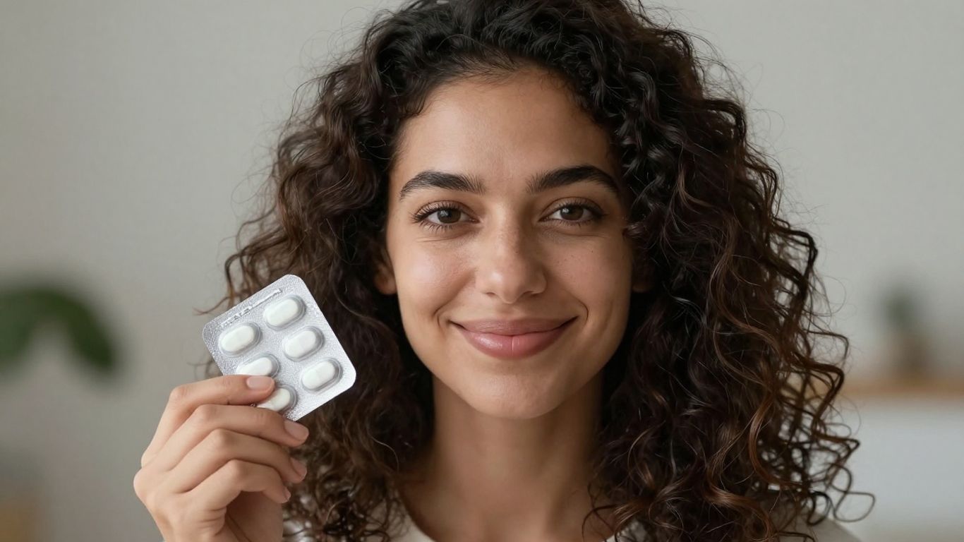 Woman with healthy hair holding birth control pills.