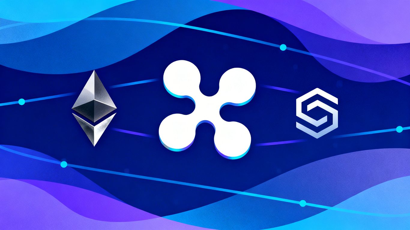 Ripple, Ethereum, and Solana icons with abstract digital background.