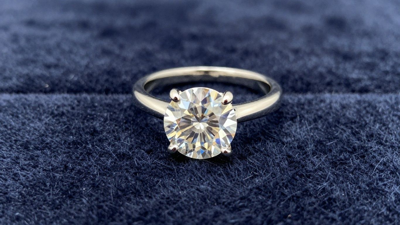 Diamond ring sitting on a soft velvet surface
