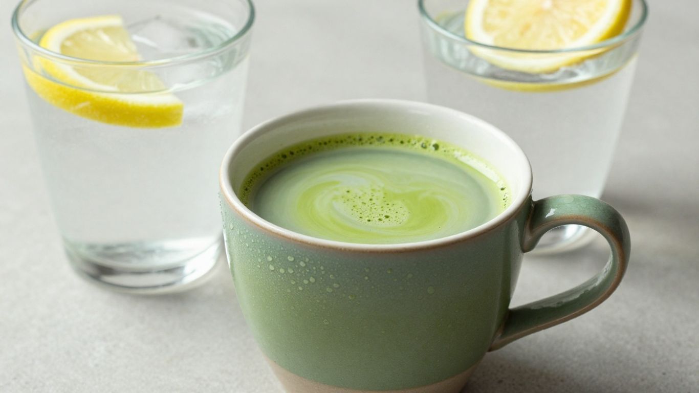 Matcha latte and glass of water with lemon