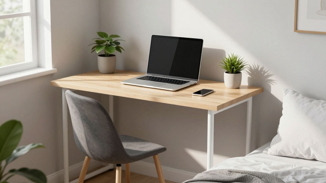 Small bedroom desk with laptop and plant.