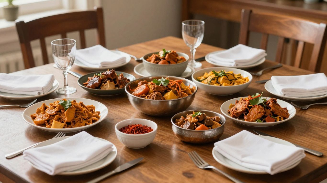 Colourful home-cooked meals arranged on table