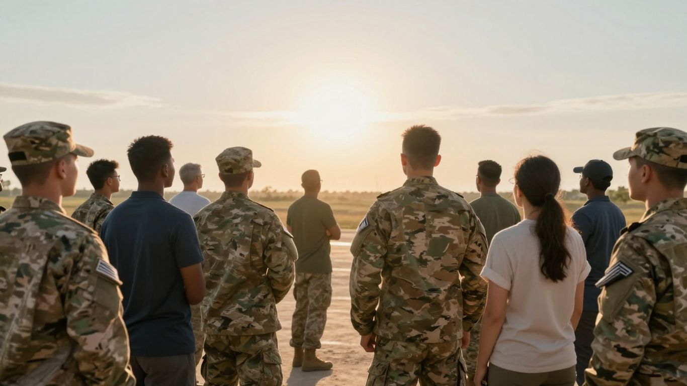 Military personnel and civilians looking towards a bright future.