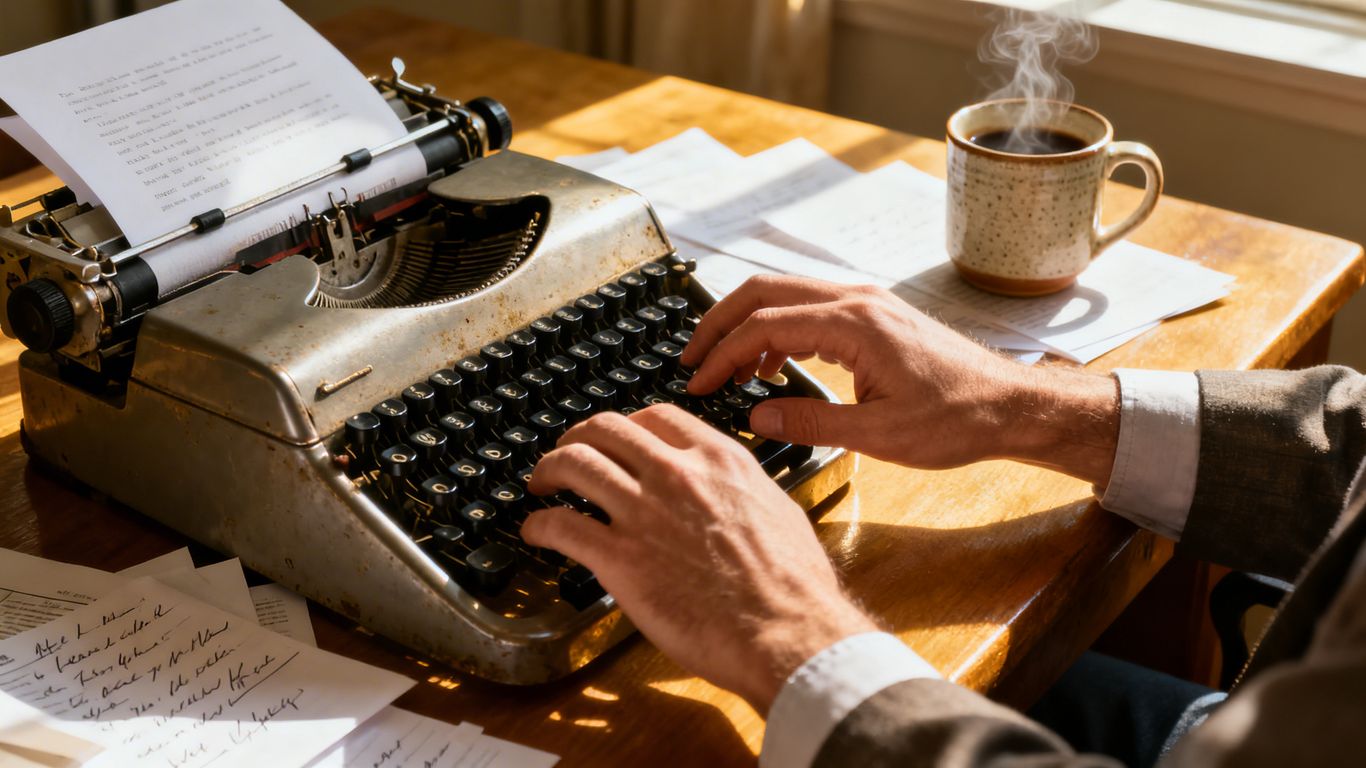 Journalist typing on a vintage typewriter with sunlight.