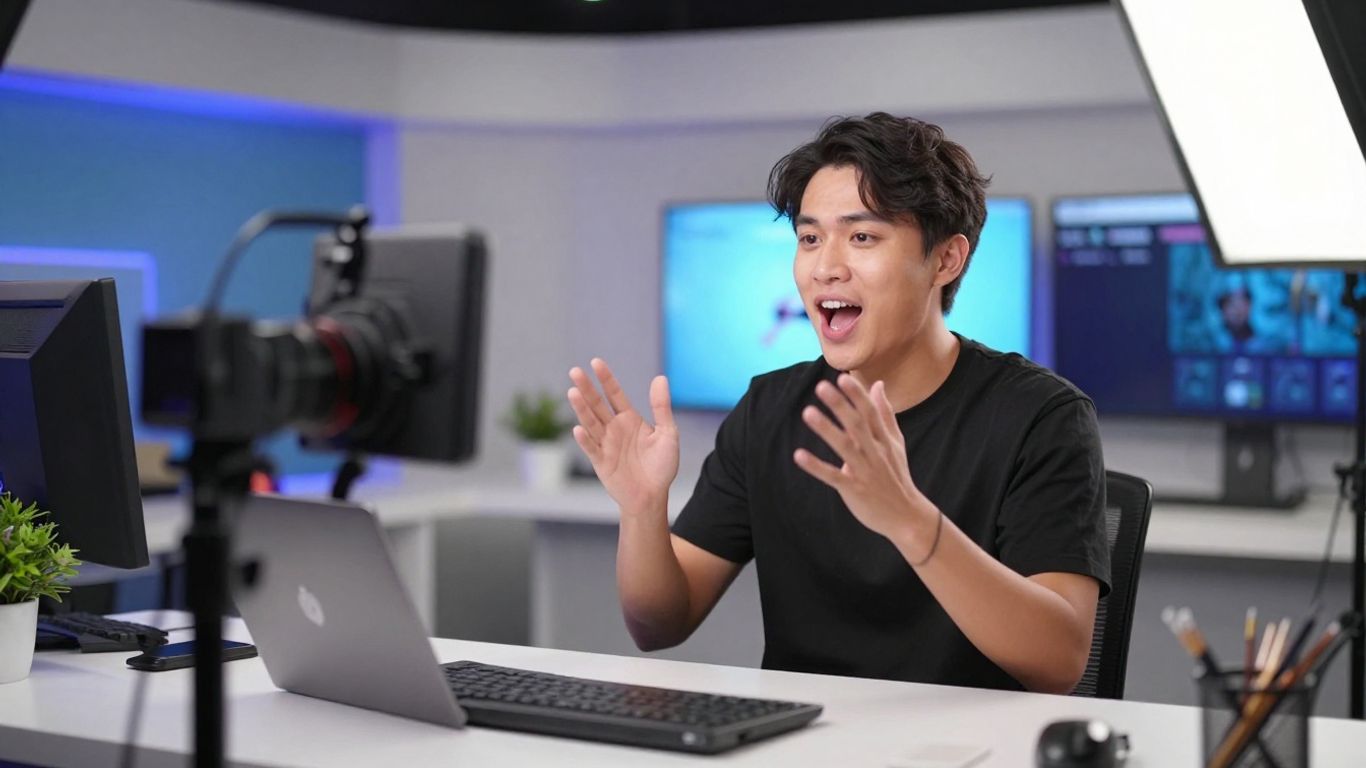 Live streamer in a studio setting with equipment.