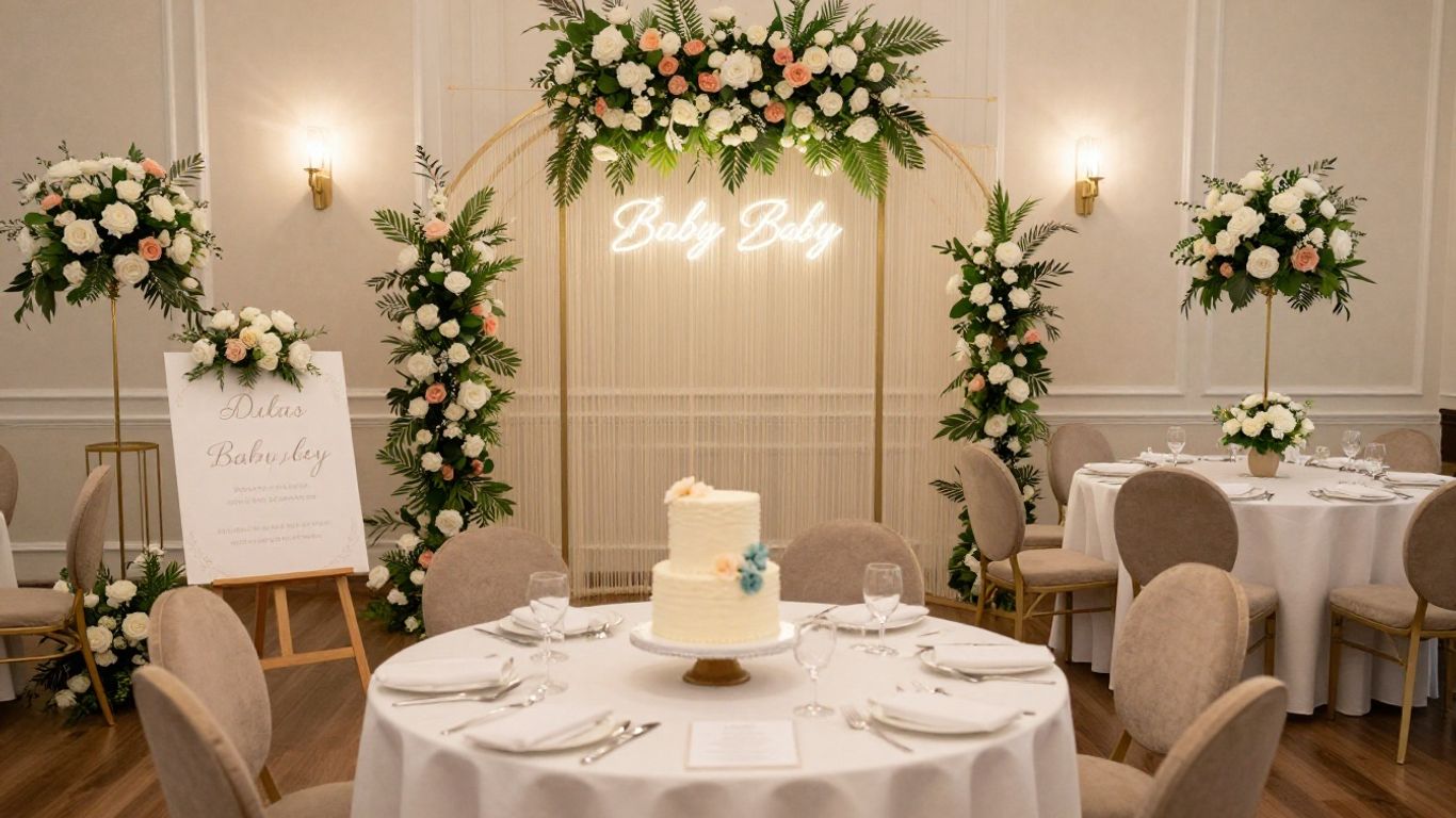 Elegant baby shower venue in Dallas with floral decor.