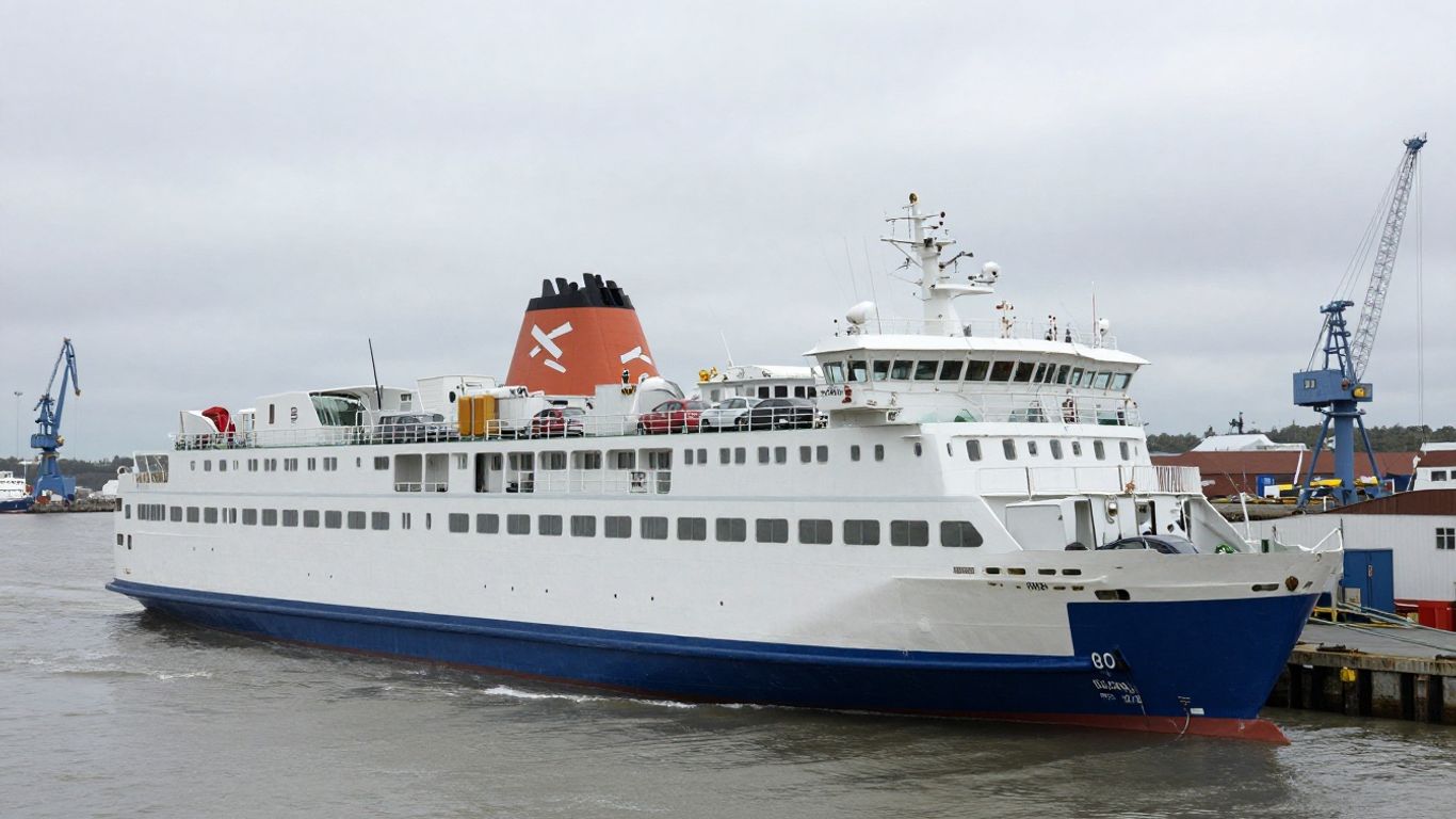 Ferry docked at Calais port with cars on deck.