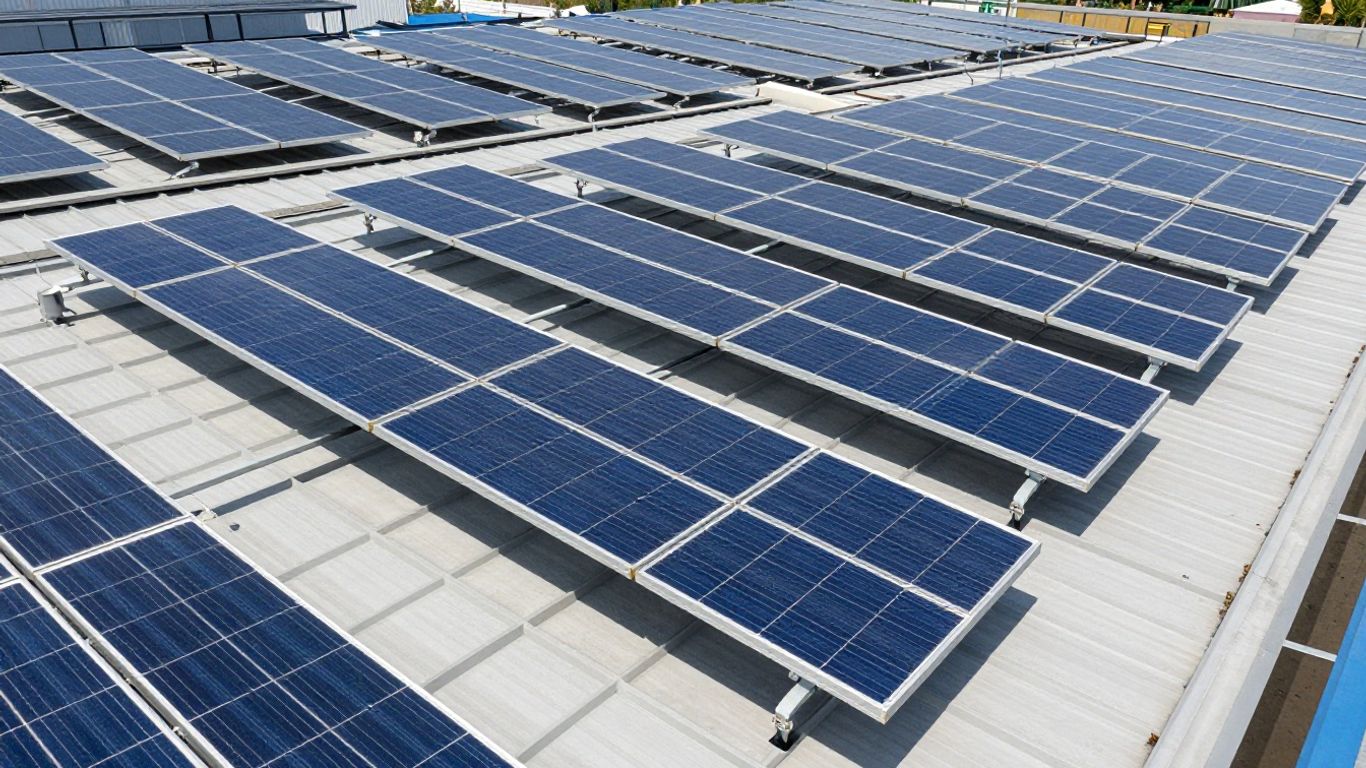 Panneaux solaires sur un toit orientés vers le soleil.