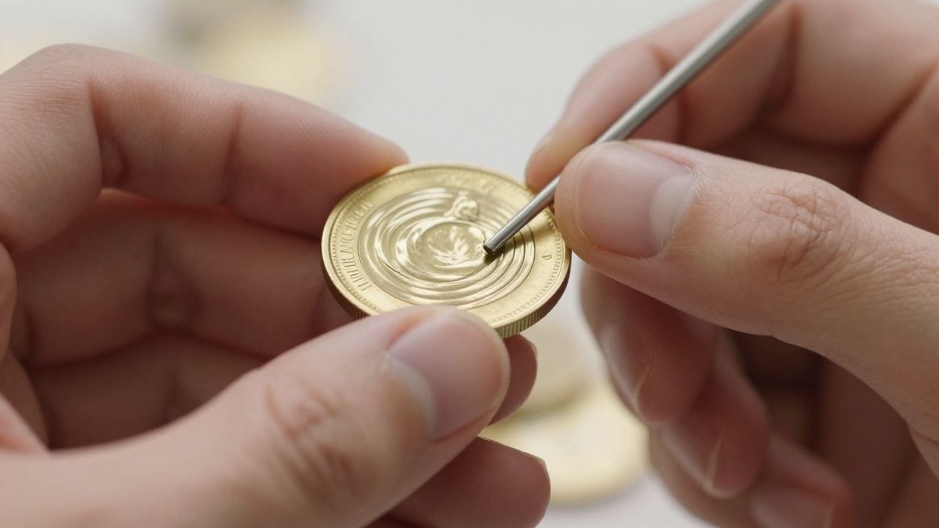 Hand testing gold coin with a metal rod