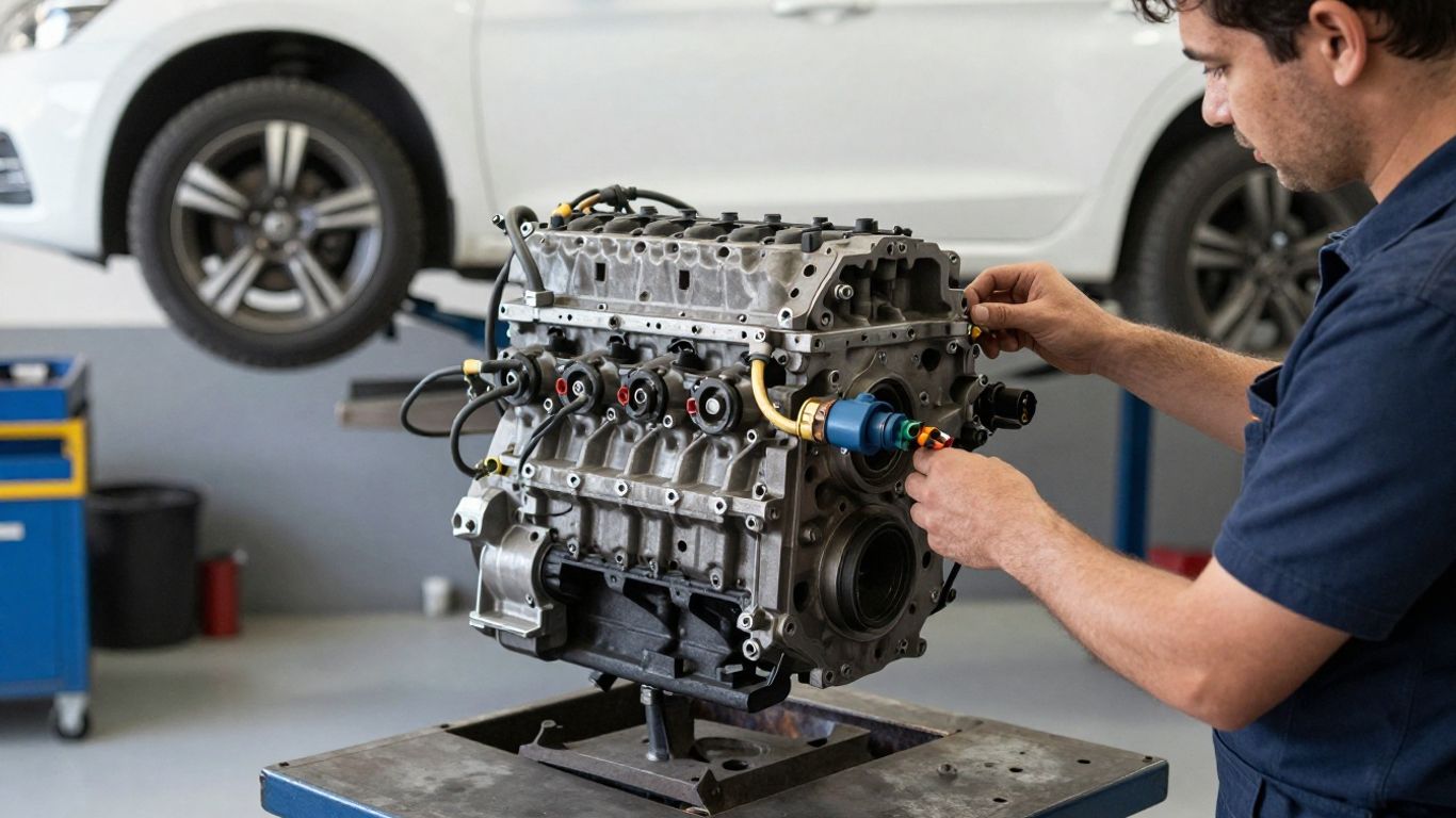 Used engine being inspected beside a repair vehicle