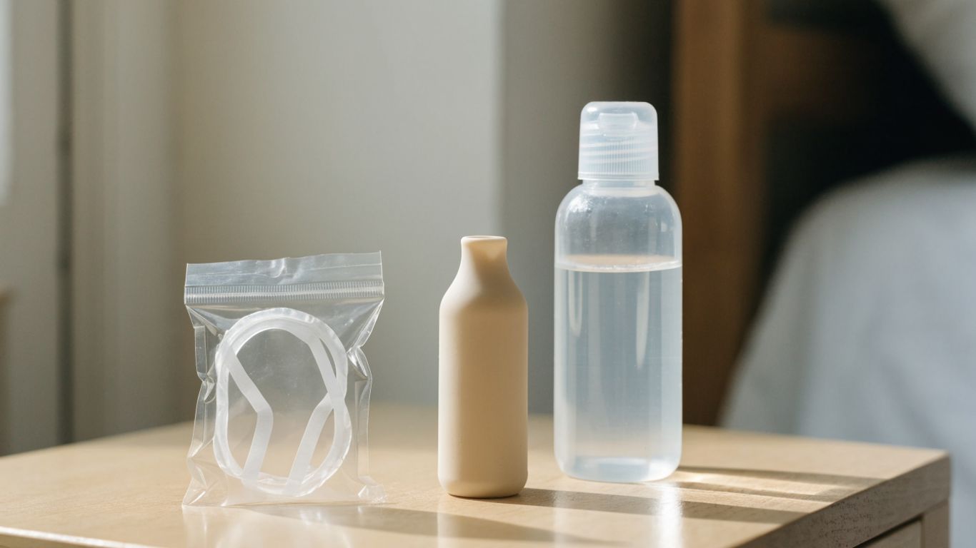 Condom package and clean body-safe toy beside lubricant