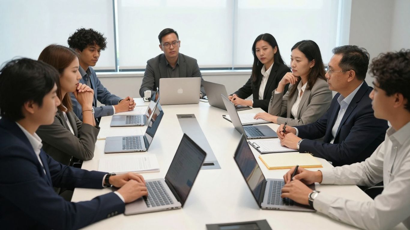 Professionals discussing workplace interaction patterns