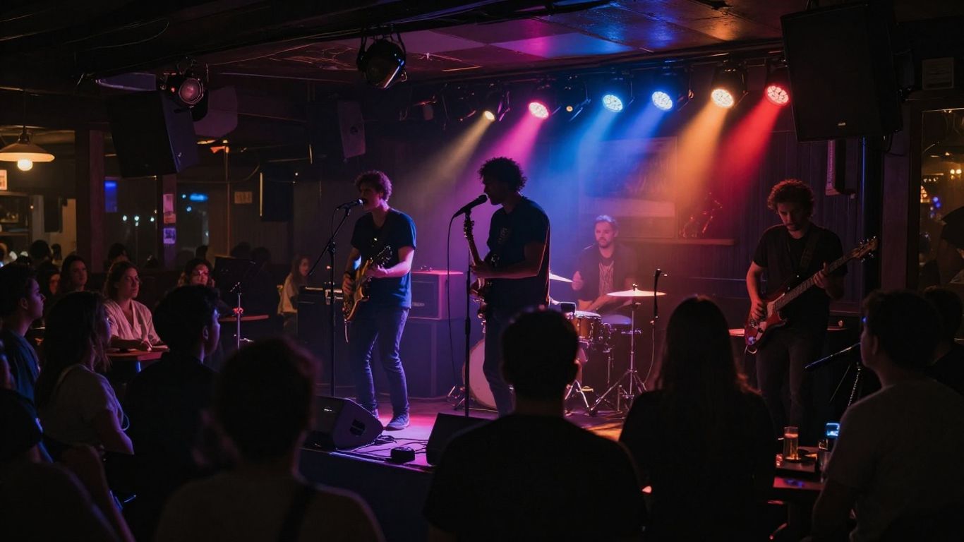 Musicians performing live on a colorful, spotlighted stage.