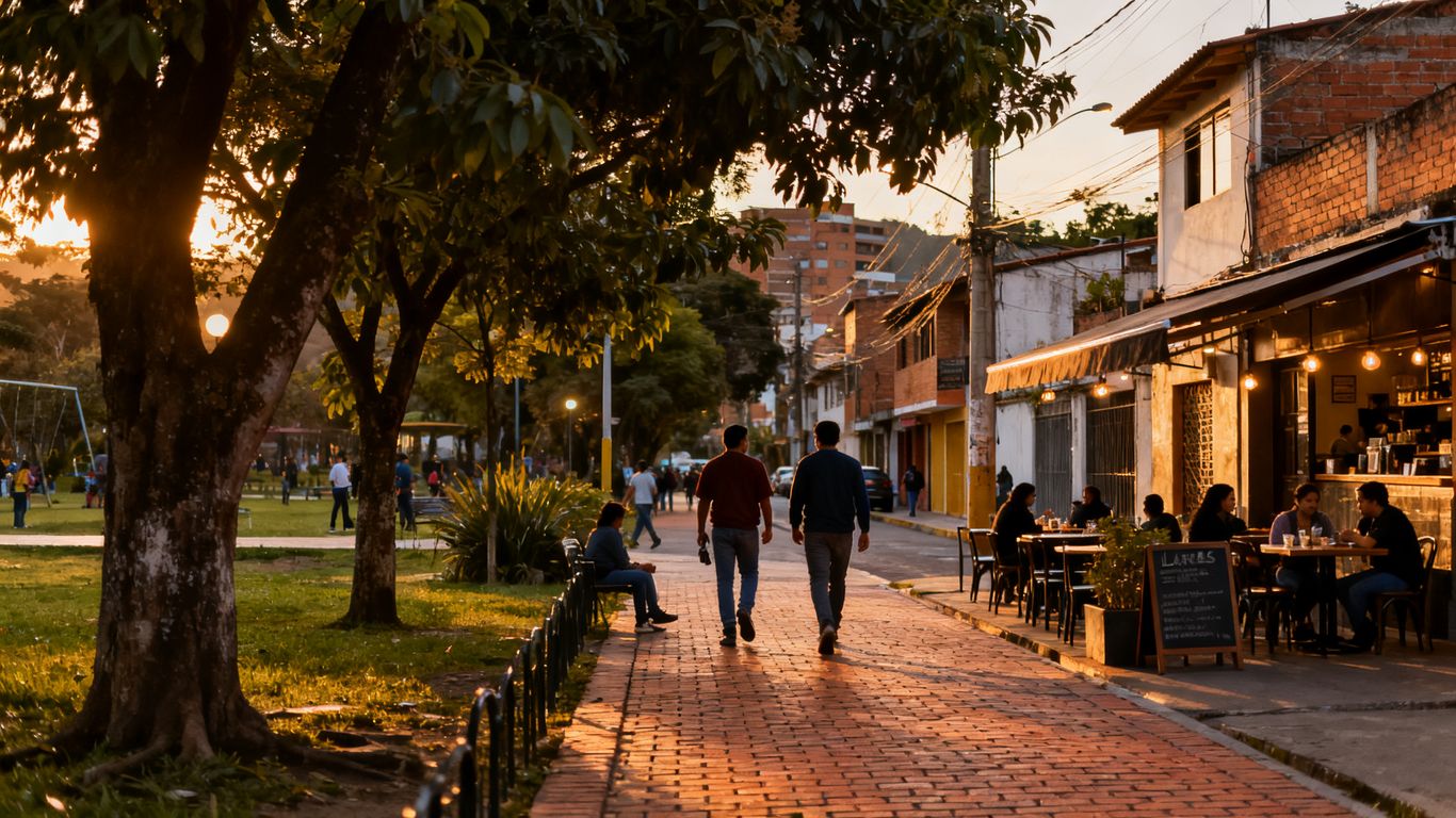 Evening street scene near Medellín neighborhood parks