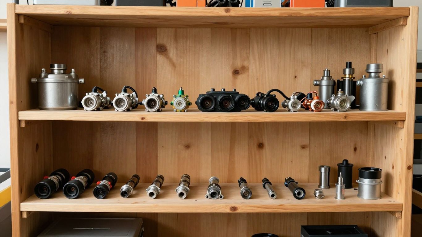 A clean garage shelf with various automotive sensors