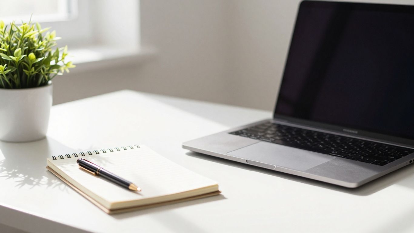 Minimalist desk with laptop, notebook, and plant.