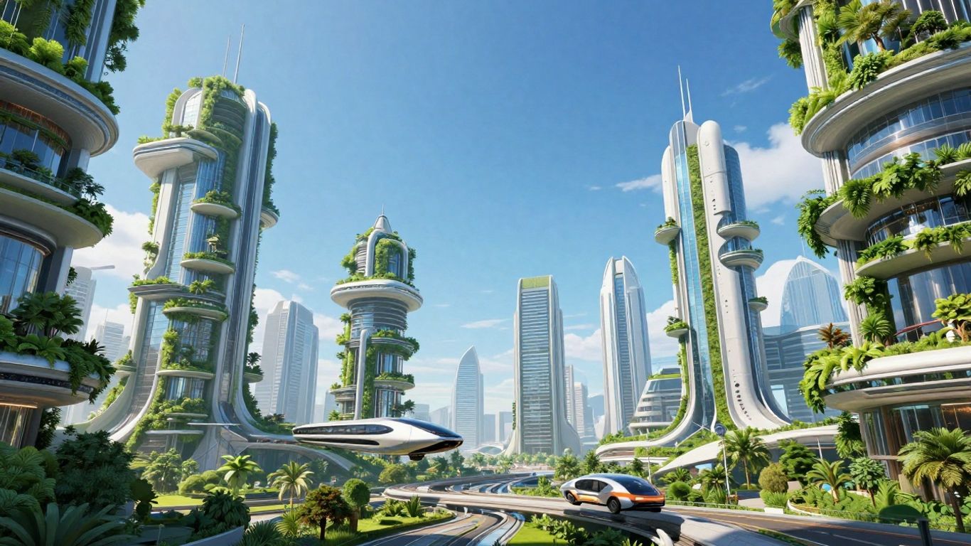 Futuristic city with green buildings and flying vehicles.