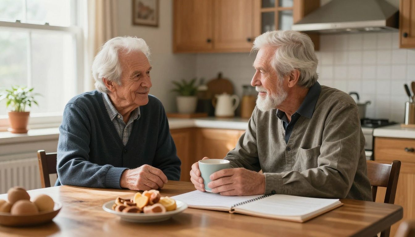 A compassionate home care aide sits with an elderly man at his kitchen table in a sunlit Raleigh home, sharing a warm cup of tea and conversation.