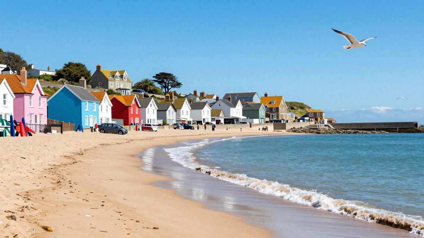 UK coastal town with beach and cottages