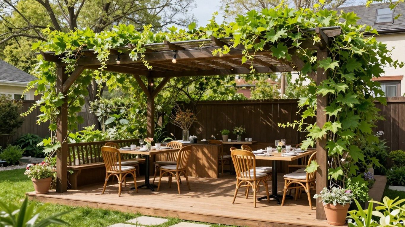 Backyard deck with pergola, vines, and spring gathering seating
