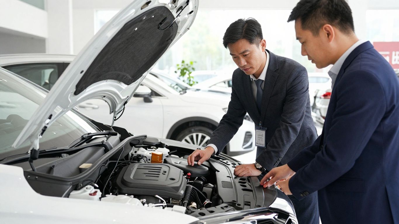 Person inspiziert Auto Motorraum im Autohaus