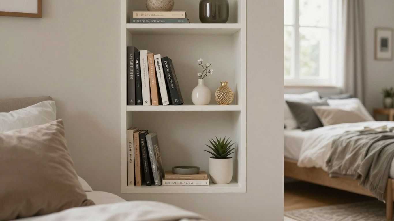 Small bedroom with smart storage and cozy decor.