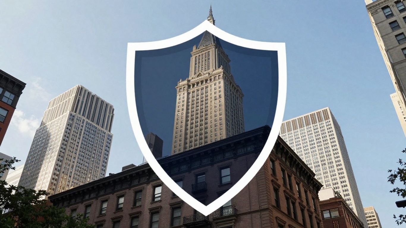 NYC skyline and shield protecting a building.