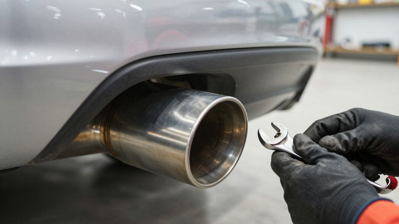 New car exhaust pipe with mechanic's tools.