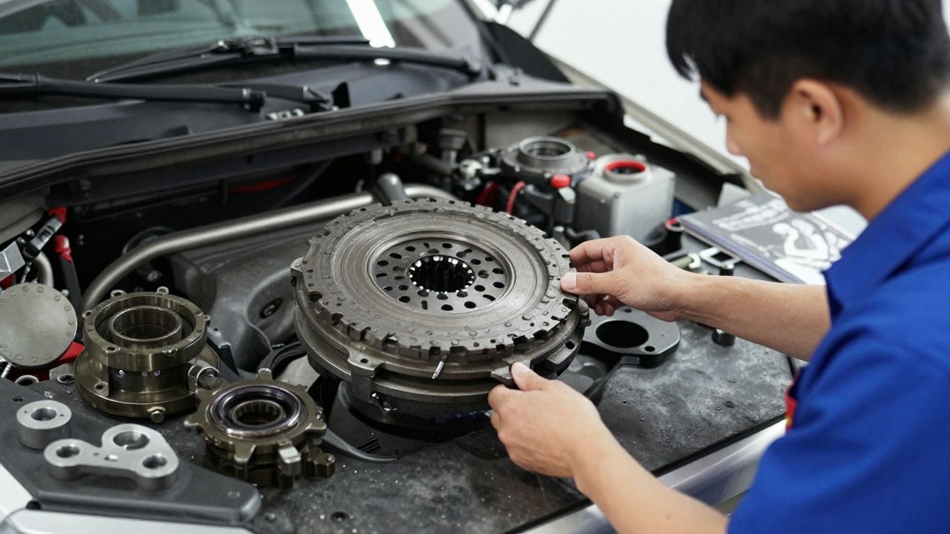 Mechanic comparing clutch components on workbench