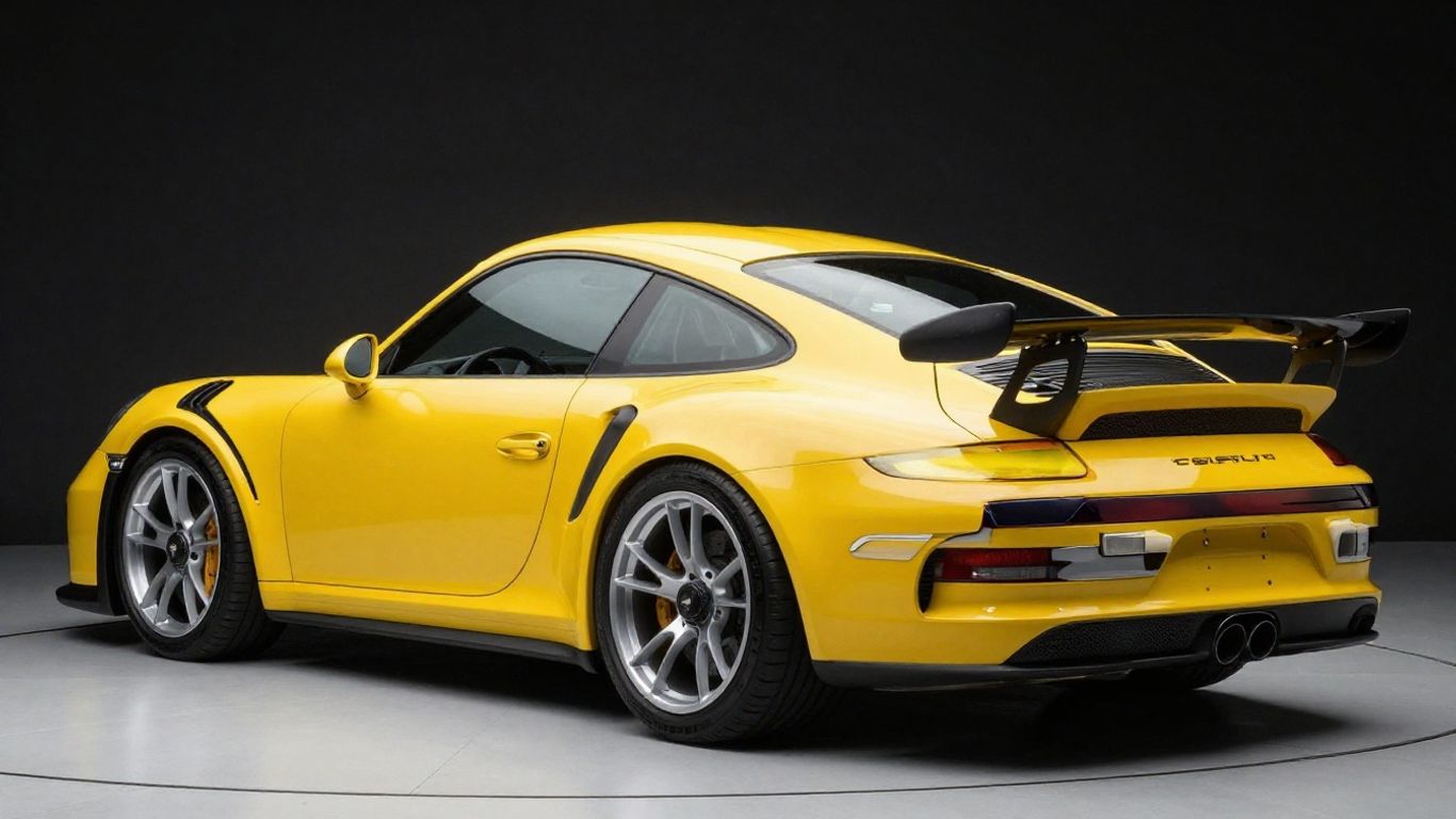 Custom Porsche 911 GT3 RS with vibrant paint and rear wing.