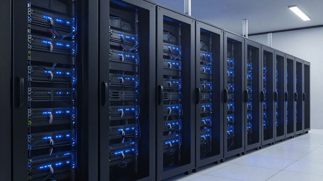 Server room with glowing blue lights and organized cables.