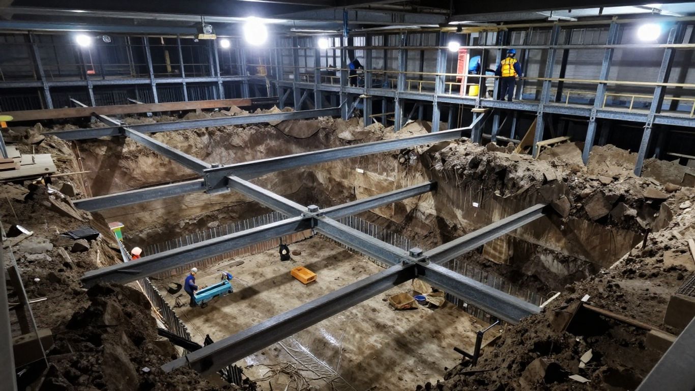 Steel struts and walers inside excavation