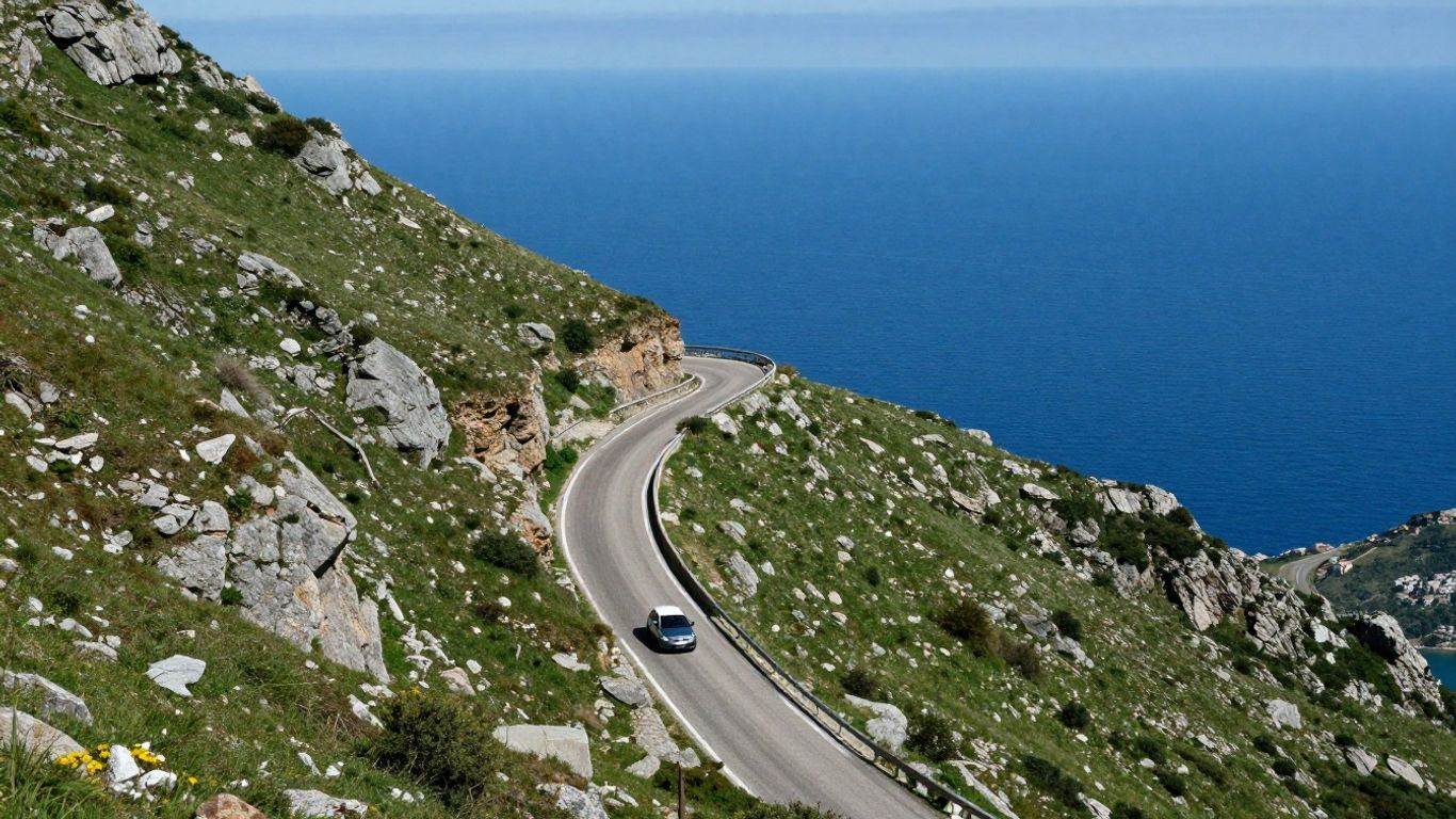 Winding Corsican road between mountains and sea